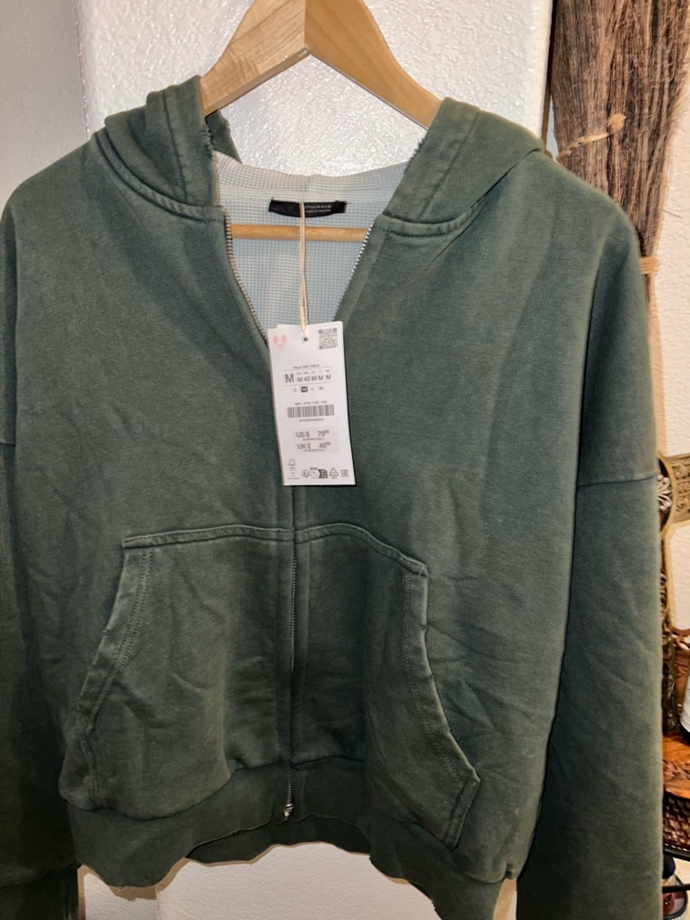 Zara Olive Green Zip-Up Hooded Sweater